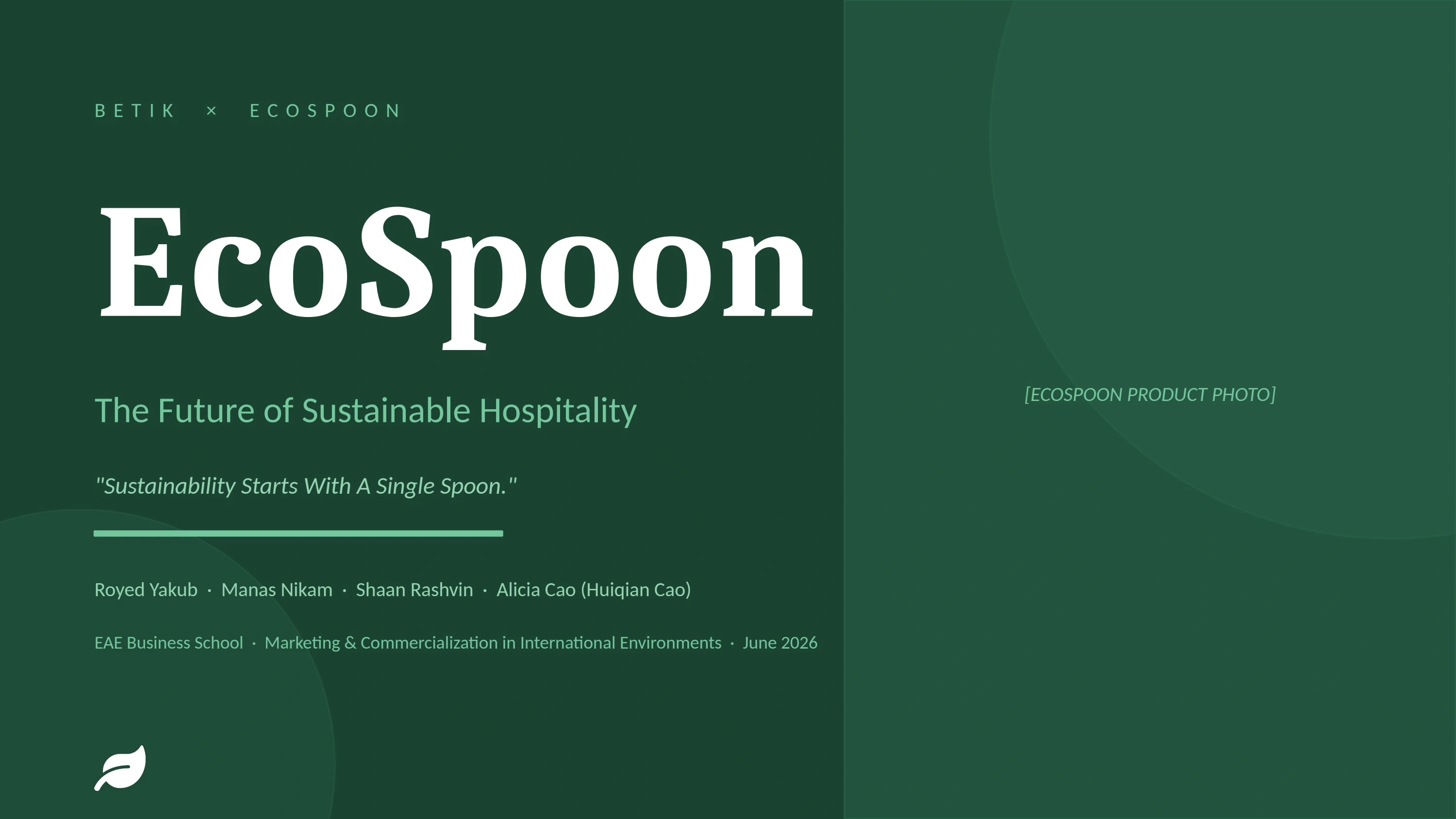 Original EcoSpoon EAE pitch deck title slide with team credits